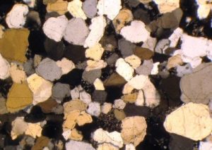 Magnified sandstone composed of patches of different shades of yellow and tan.