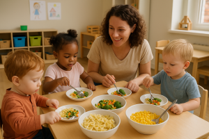 Toddlers serving themselves using the serving spoons and then feed themselves with a caregiver to support.